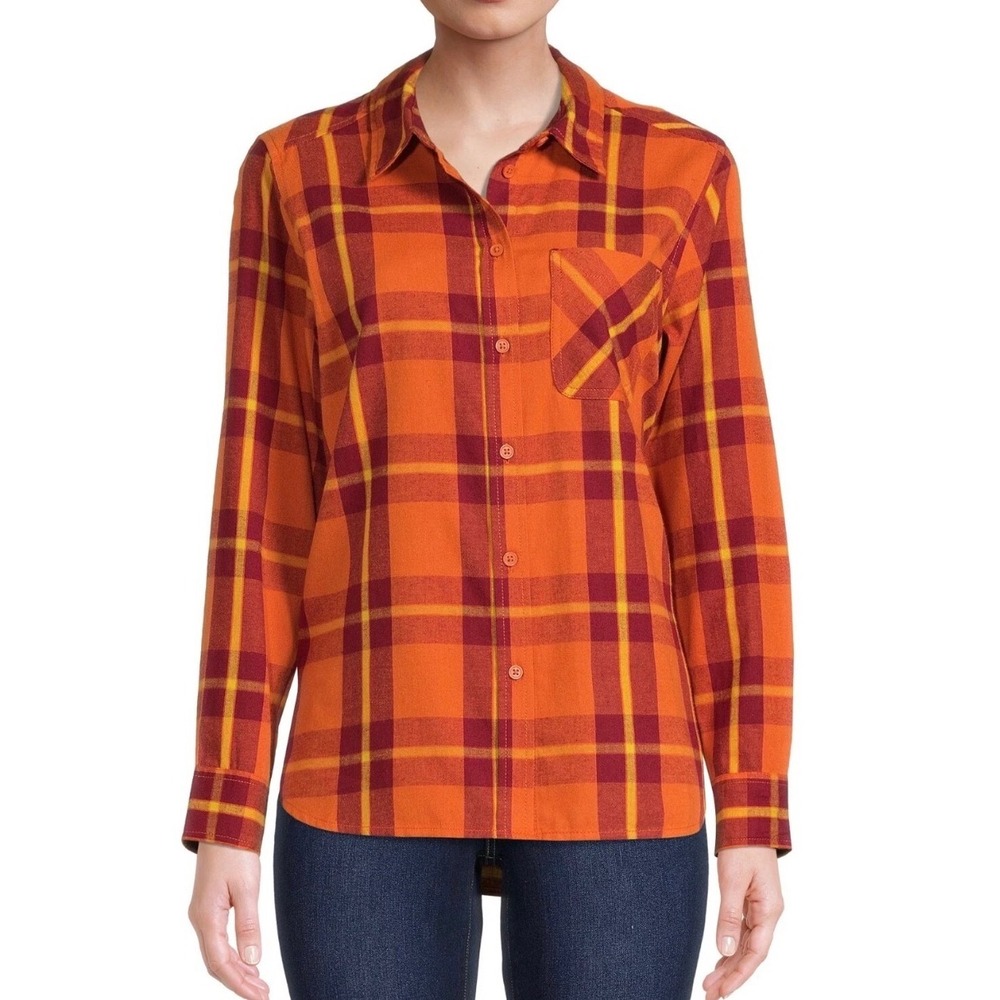 Time and Tru Womens Orange Red Plaid Flannel Long Sleeve Button Up Shirt XXL‎